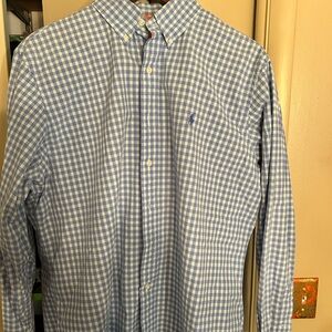 Ralph Lauren Purple & White Gingham Button-Down Shirt, 100%Cotton Blue Polo Pony